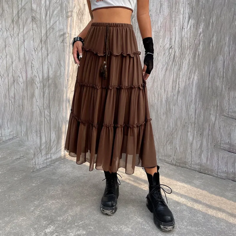 Tassel Tie Front Layered Hem Skirt