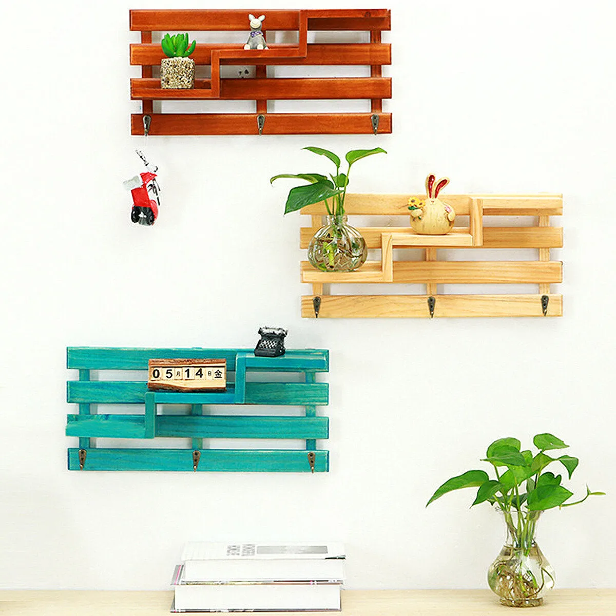 Vintage Wooden Wall Mounted Shelf with 3 Hanger Hooks - Shabby Chic Floating Rack