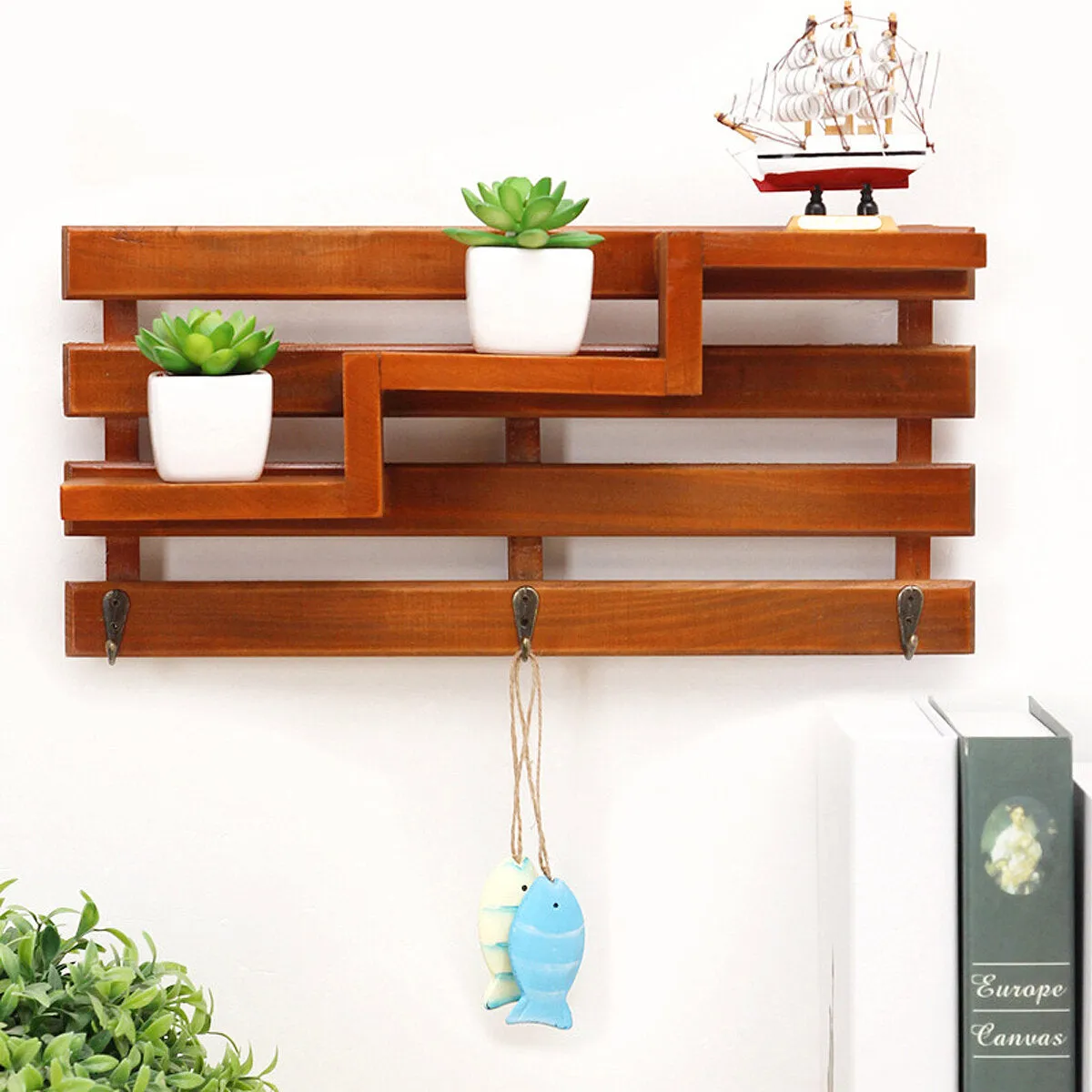 Vintage Wooden Wall Mounted Shelf with 3 Hanger Hooks - Shabby Chic Floating Rack