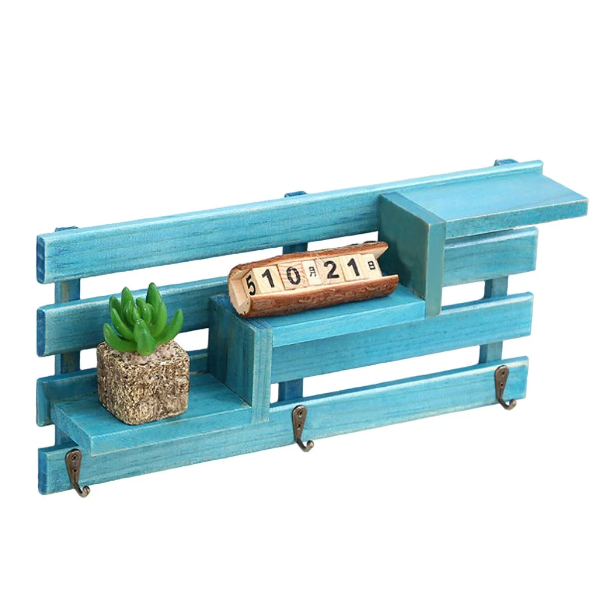 Vintage Wooden Wall Mounted Shelf with 3 Hanger Hooks - Shabby Chic Floating Rack