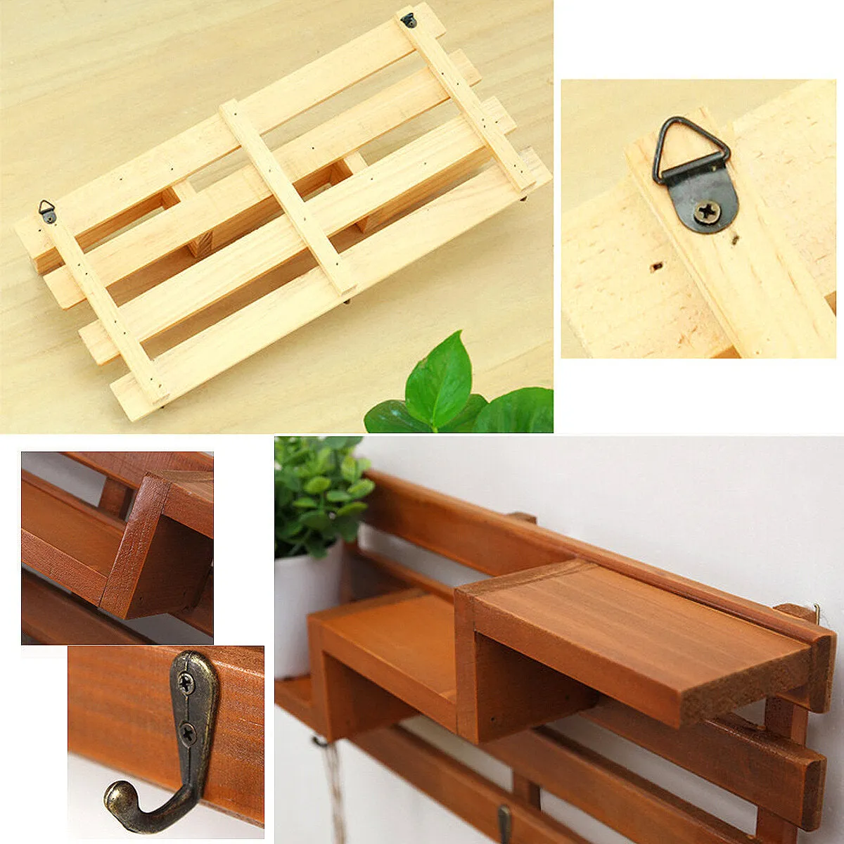 Vintage Wooden Wall Mounted Shelf with 3 Hanger Hooks - Shabby Chic Floating Rack