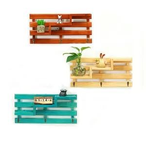 Vintage Wooden Wall Mounted Shelf with 3 Hanger Hooks - Shabby Chic Floating Rack