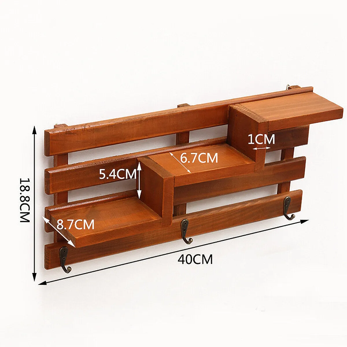 Vintage Wooden Wall Mounted Shelf with 3 Hanger Hooks - Shabby Chic Floating Rack