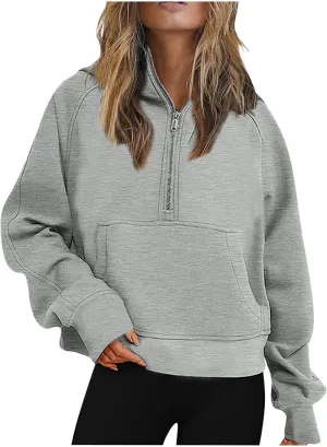 Women Half Zip Hoodies Pullover Long Sleeve Solid Corded Sweatshirt Oversized Casual Trendy Fall Outfit with Kangaroo Pocket