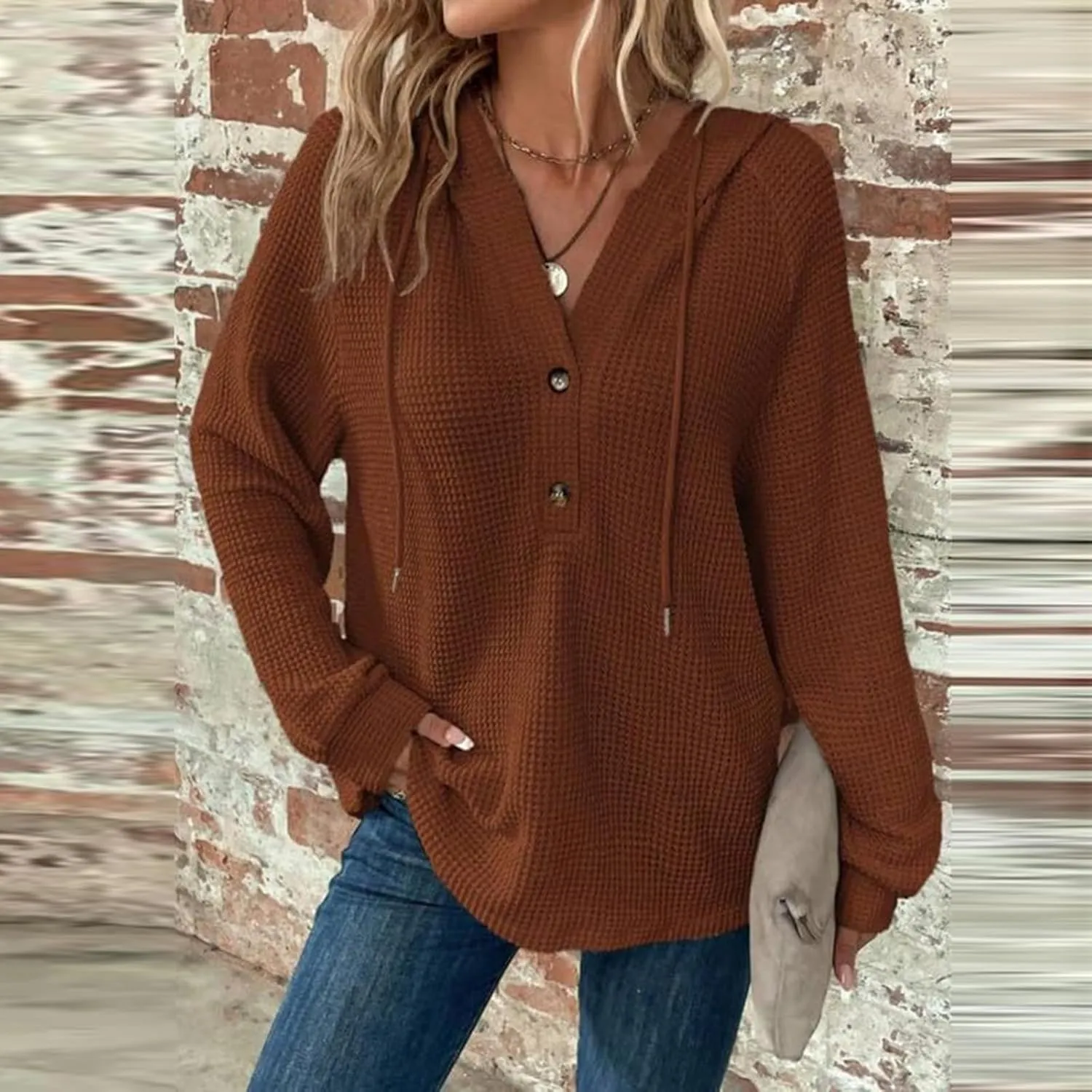 Women Hoodies Waffle Knit Drawstring Button V Neck Oversized Hoodies Pullover Fall Fashion Lightweight Tunic Hoodies