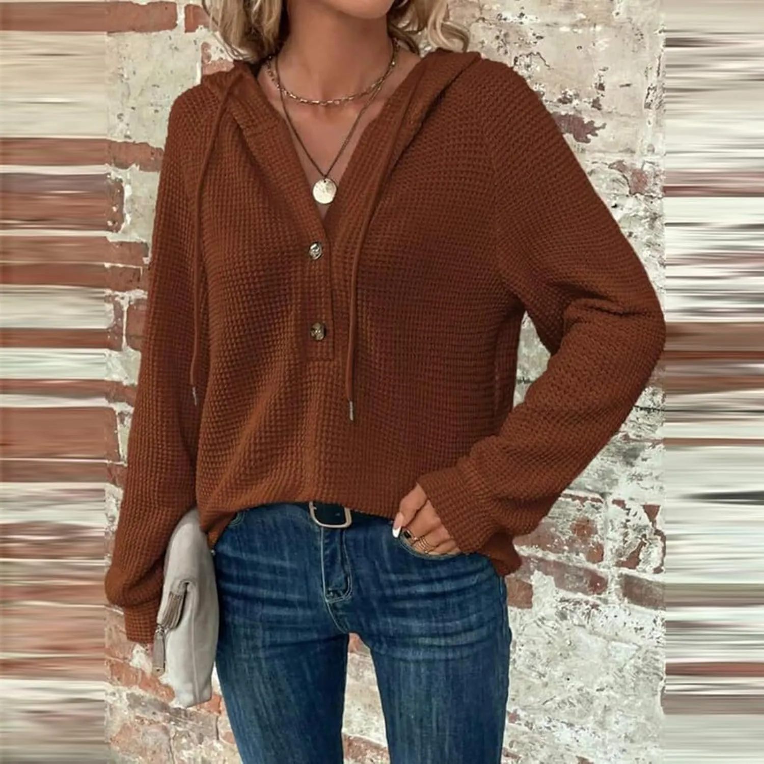 Women Hoodies Waffle Knit Drawstring Button V Neck Oversized Hoodies Pullover Fall Fashion Lightweight Tunic Hoodies