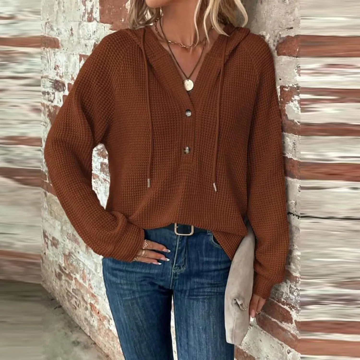 Women Hoodies Waffle Knit Drawstring Button V Neck Oversized Hoodies Pullover Fall Fashion Lightweight Tunic Hoodies