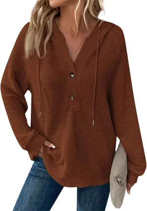 Women Hoodies Waffle Knit Drawstring Button V Neck Oversized Hoodies Pullover Fall Fashion Lightweight Tunic Hoodies
