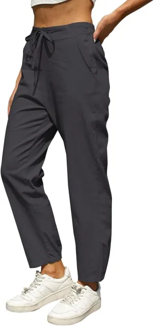 Womens Casual Cotton Linen Pants Lightweight Summer Relax Fit Drawstring Elastic High Waist Lounge Trousers Pockets