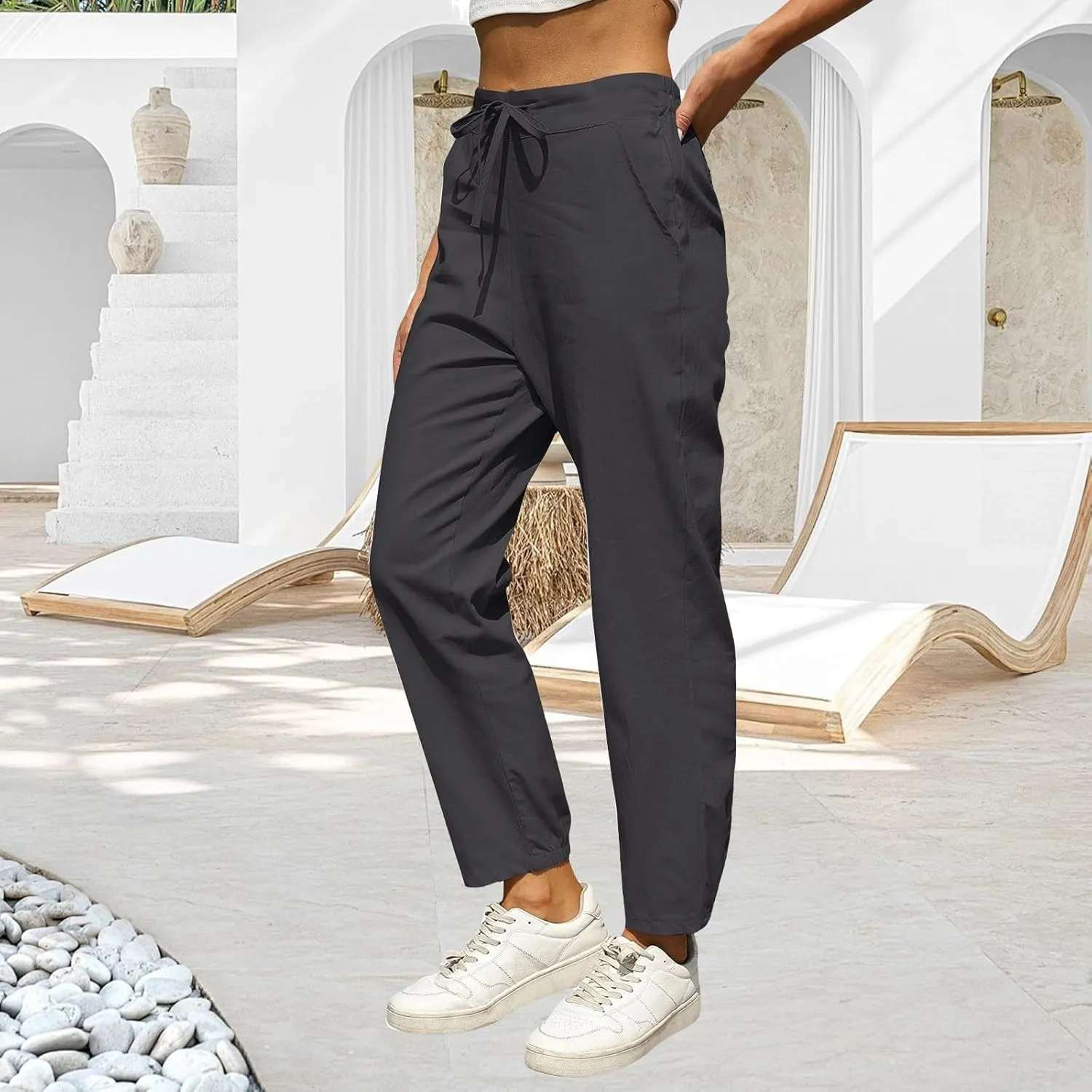 Womens Casual Cotton Linen Pants Lightweight Summer Relax Fit Drawstring Elastic High Waist Lounge Trousers Pockets