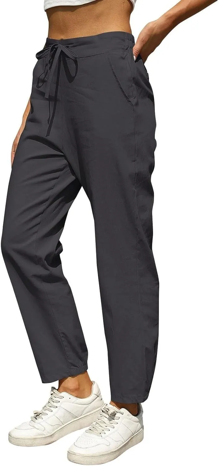 Womens Casual Cotton Linen Pants Lightweight Summer Relax Fit Drawstring Elastic High Waist Lounge Trousers Pockets