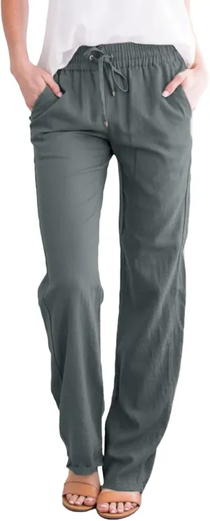 Womens Casual Linen High Waist Pants Drawstring Loose Fit Summer Pants Trousers with Side Pockets