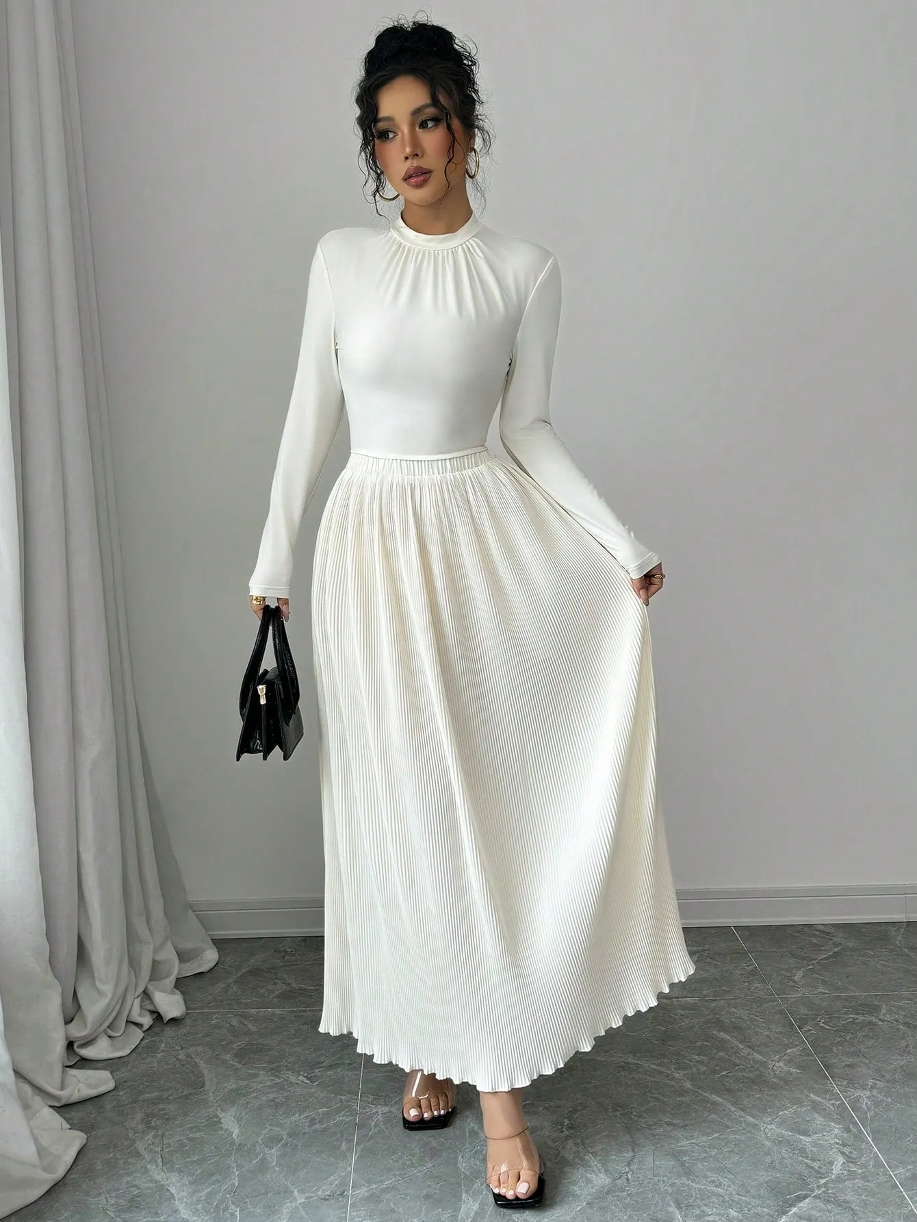 Women's Cream-Colored Round Neck Long Sleeve T-Shirt And Loose Pleated Maxi Skirt Elegant 2-Piece Set