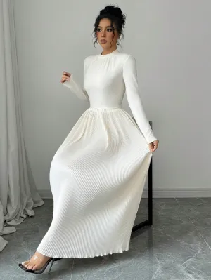 Women's Cream-Colored Round Neck Long Sleeve T-Shirt And Loose Pleated Maxi Skirt Elegant 2-Piece Set