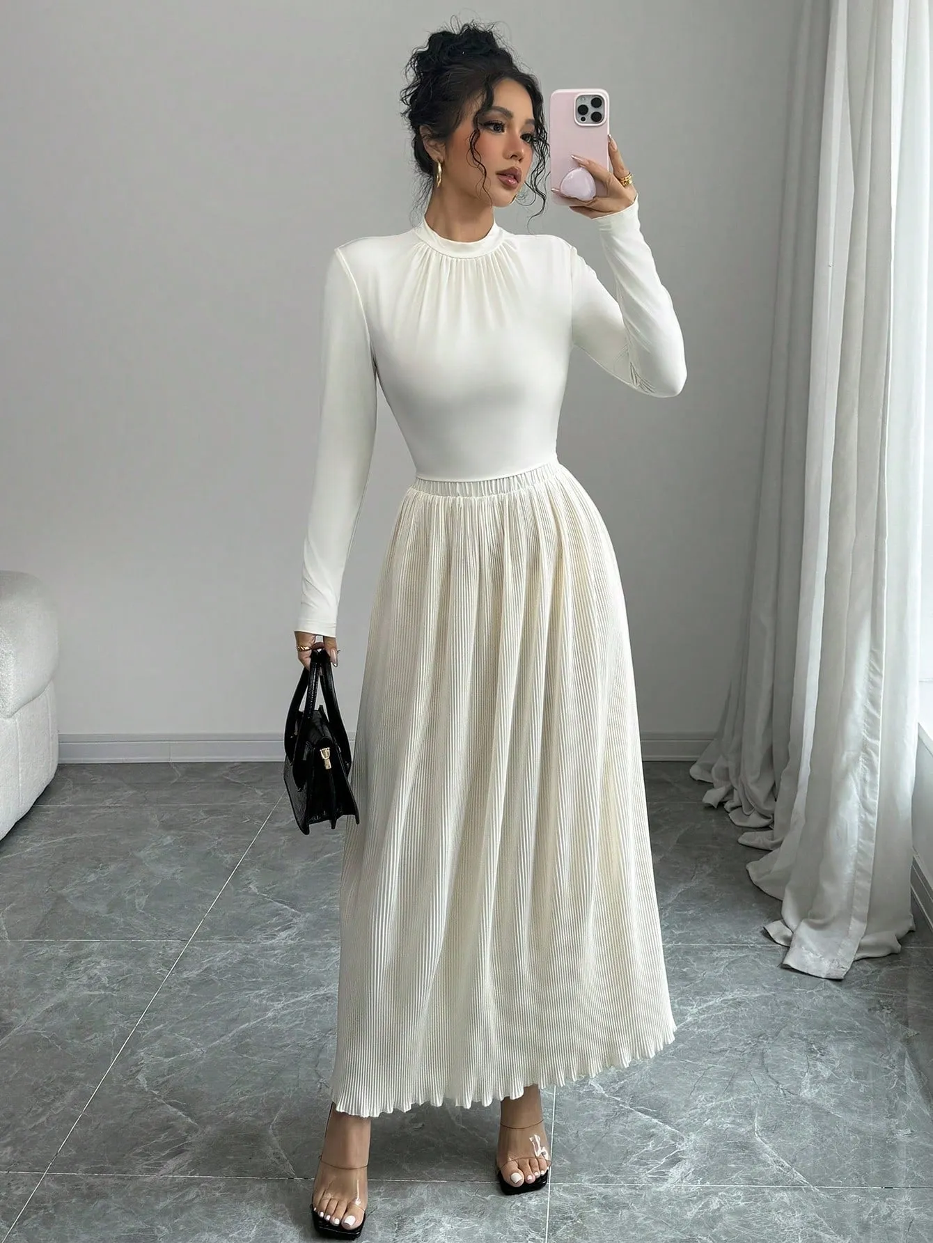 Women's Cream-Colored Round Neck Long Sleeve T-Shirt And Loose Pleated Maxi Skirt Elegant 2-Piece Set