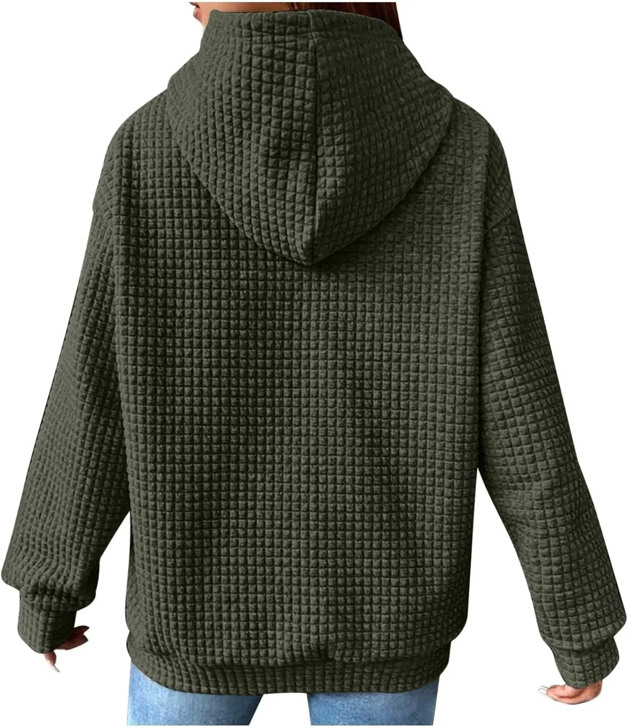 Womens Hoodies Casual Long Sleeve Drawstring Waffle Pullover Tops Loose Hooded Sweatshirt with Pocket