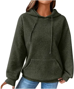 Womens Hoodies Casual Long Sleeve Drawstring Waffle Pullover Tops Loose Hooded Sweatshirt with Pocket