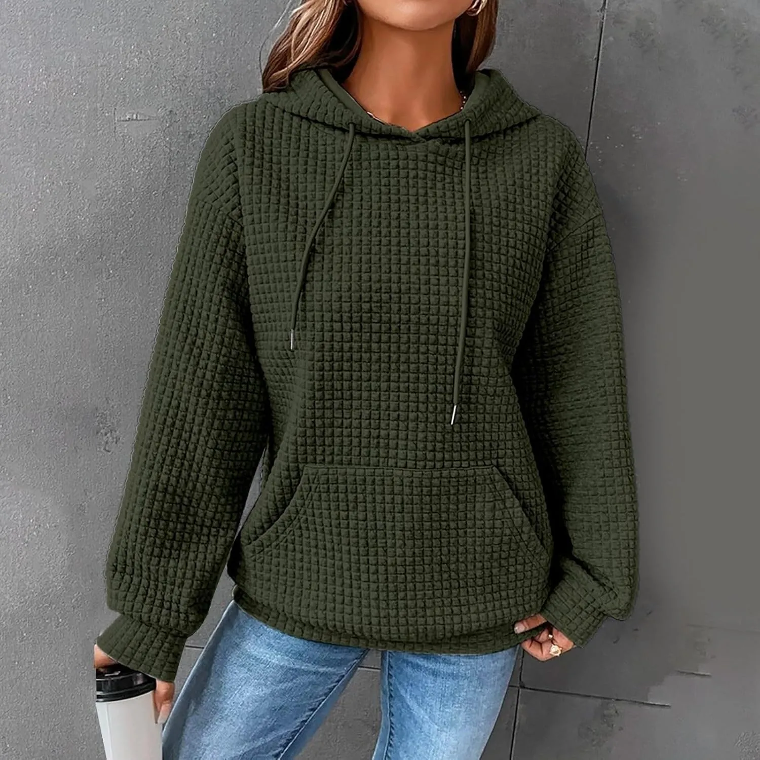 Womens Hoodies Casual Long Sleeve Drawstring Waffle Pullover Tops Loose Hooded Sweatshirt with Pocket