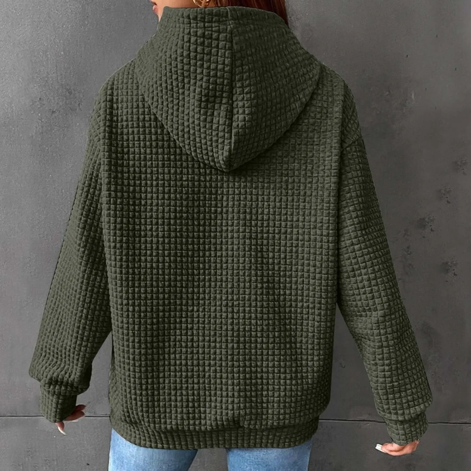 Womens Hoodies Casual Long Sleeve Drawstring Waffle Pullover Tops Loose Hooded Sweatshirt with Pocket