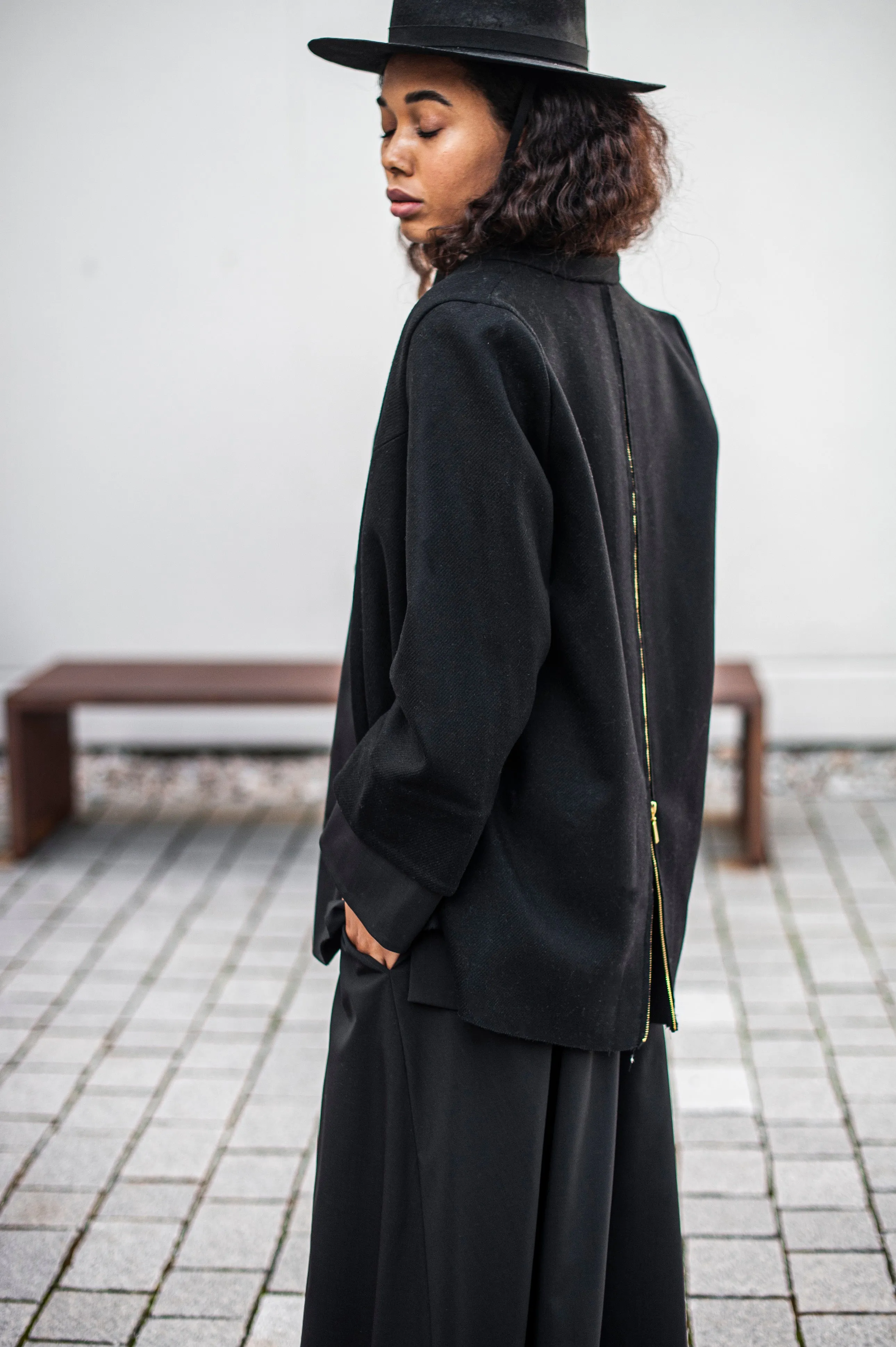 Women's Japanese style wool jacket with zipper detail