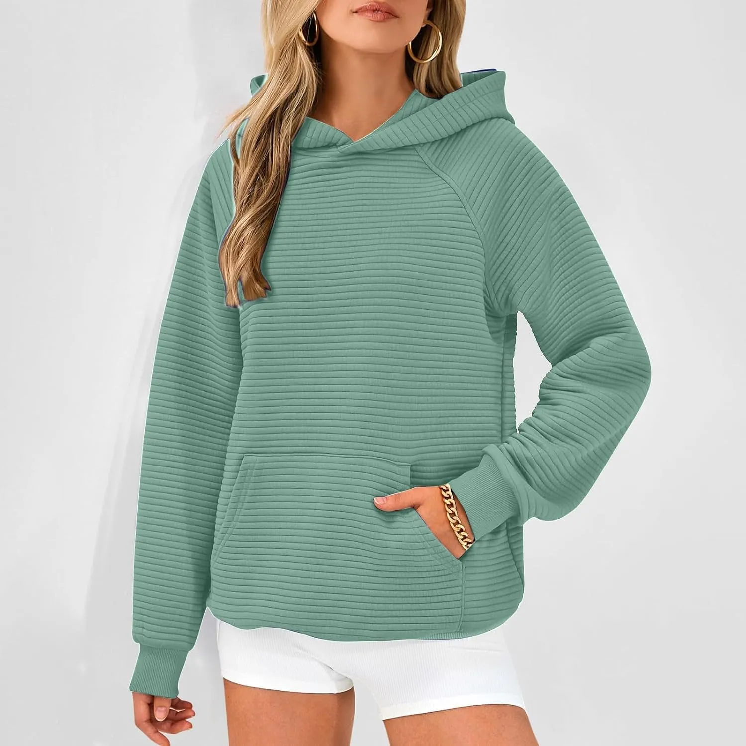 Women's Solid Oversized Hoodies Slub Knit Splicing Sweatshirt Loose Soft Long Sleeve Pullover Tops with Pocket