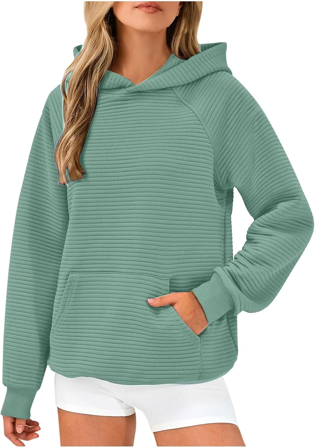 Women's Solid Oversized Hoodies Slub Knit Splicing Sweatshirt Loose Soft Long Sleeve Pullover Tops with Pocket