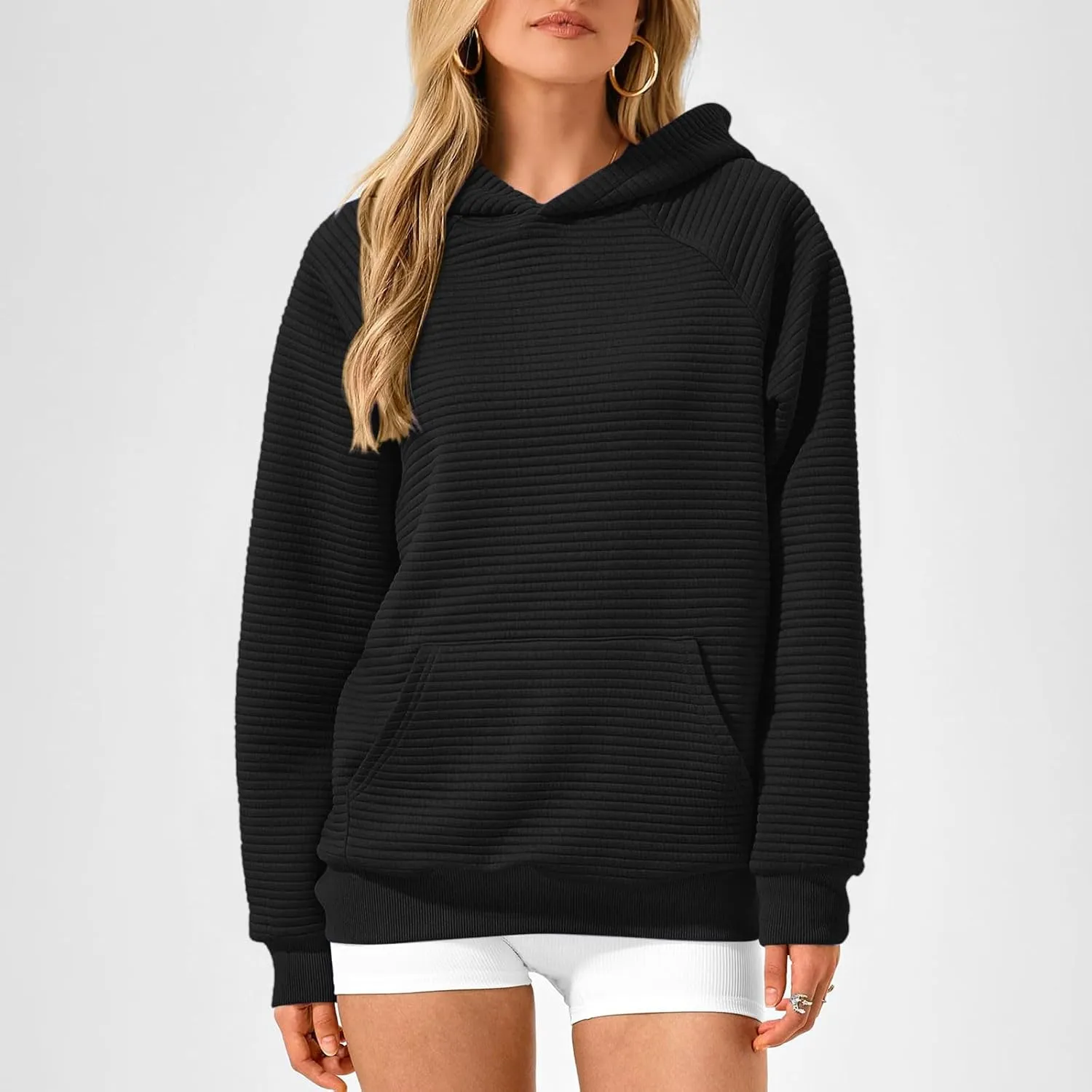 Women's Solid Oversized Hoodies Slub Knit Splicing Sweatshirt Loose Soft Long Sleeve Pullover Tops with Pocket