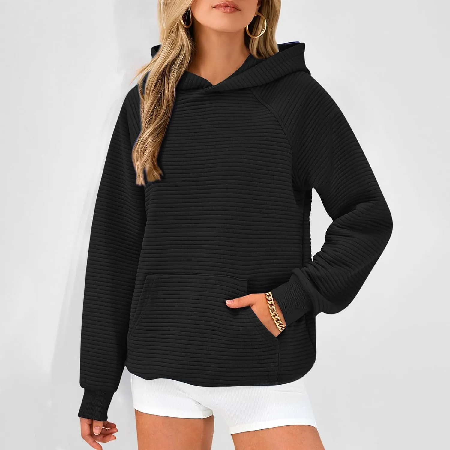 Women's Solid Oversized Hoodies Slub Knit Splicing Sweatshirt Loose Soft Long Sleeve Pullover Tops with Pocket