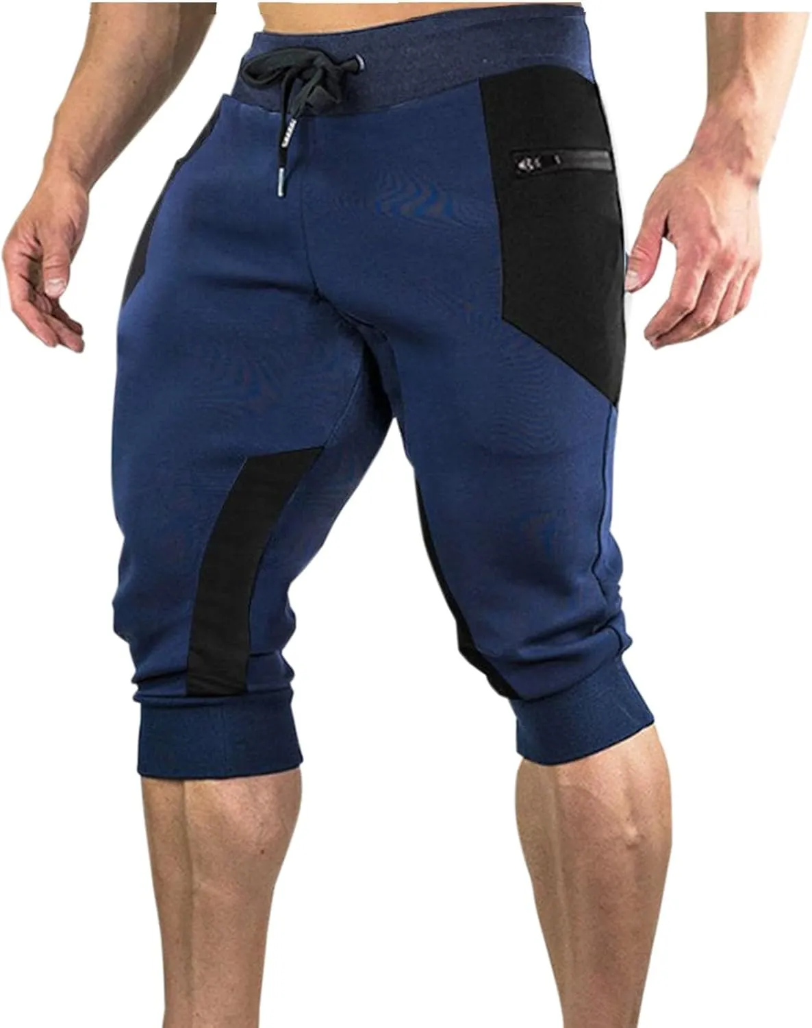 Workout Capris for Men Elastic Waist Drawstring Lightweight Shorts Trousers Slim Fit Running Hiking Pant