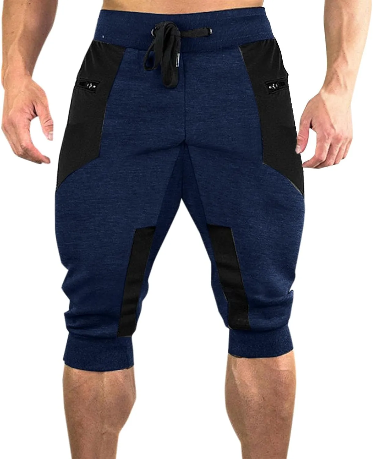 Workout Capris for Men Elastic Waist Drawstring Lightweight Shorts Trousers Slim Fit Running Hiking Pant